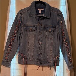 Peace Love World Blue Jean Jacket with Lace-Up Sleeves